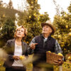 Senior couple taking a walk through their abundant orchard.