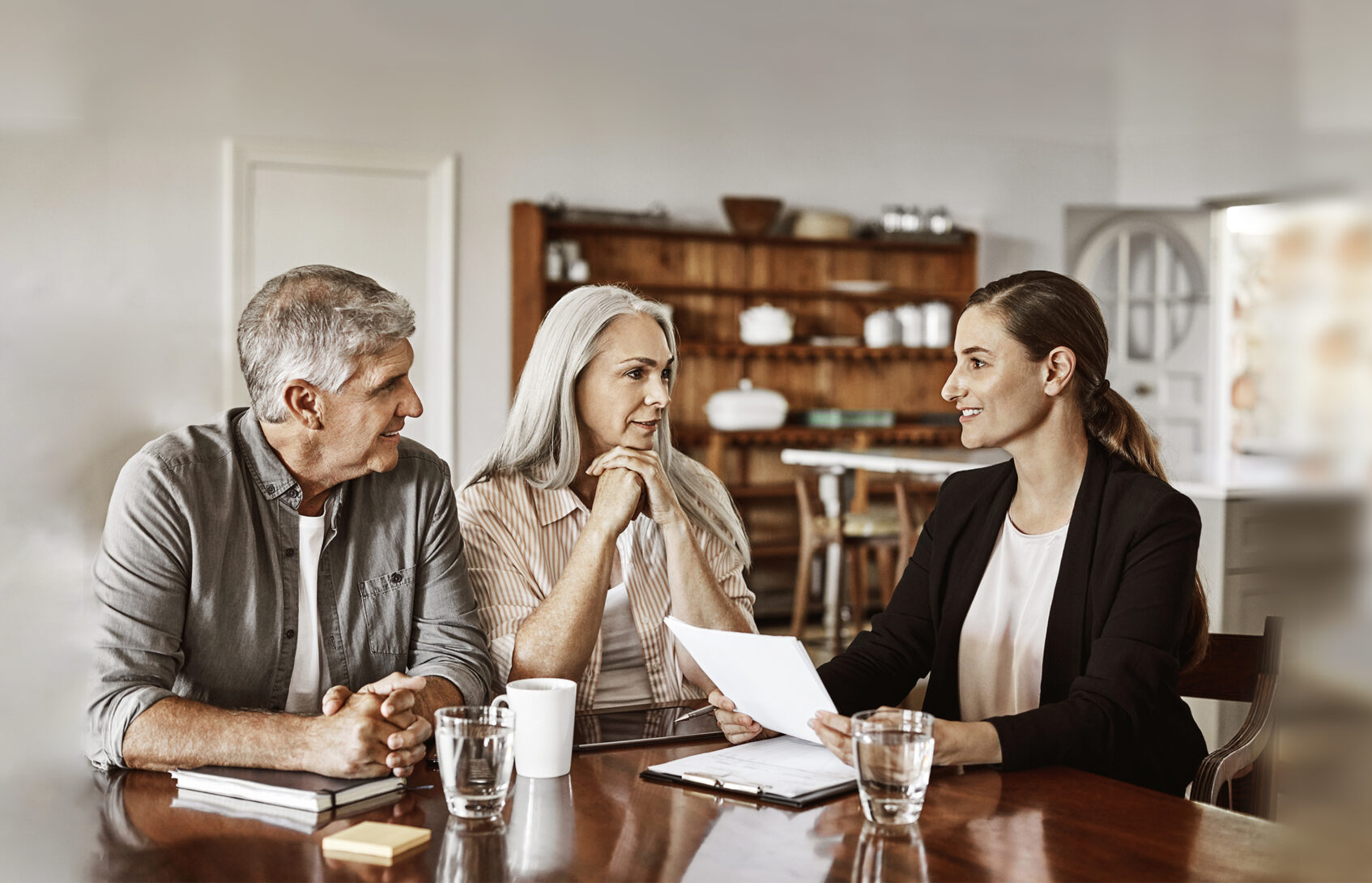 Mature couple with financial advisor at home.