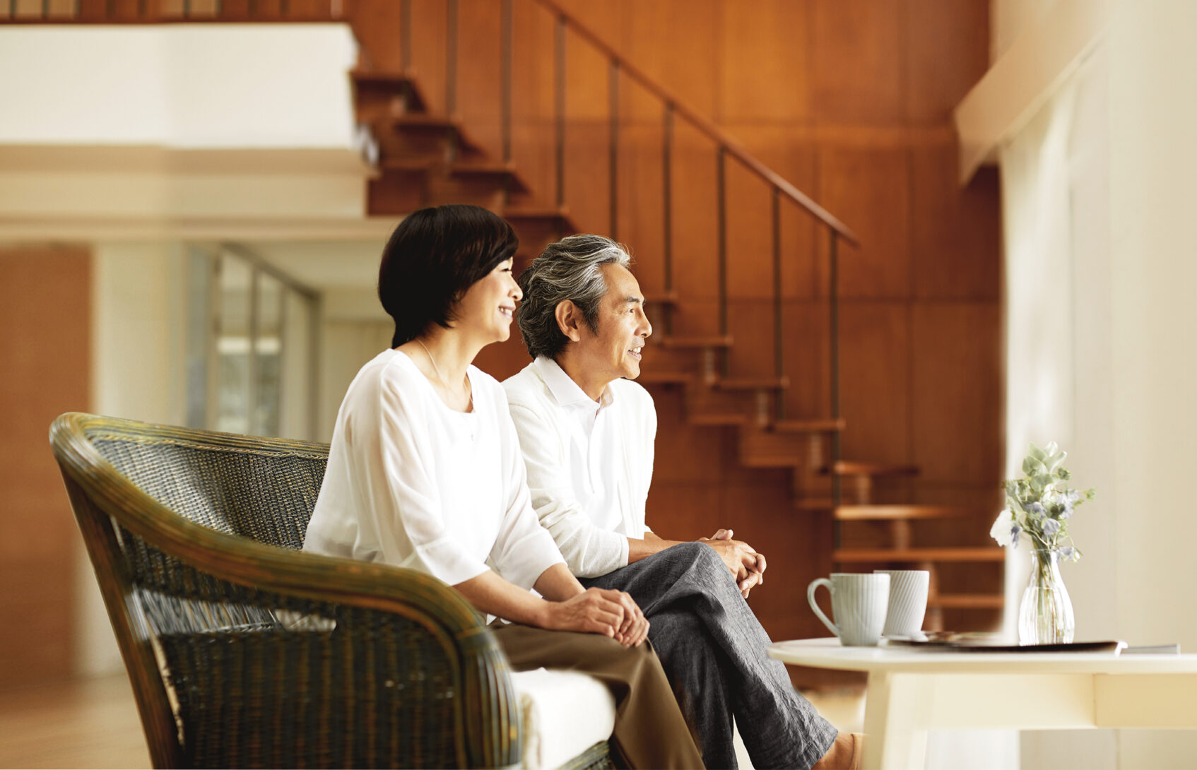 Senior couple seated in living room.